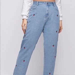 Cherry Embroidered Mom Jeans